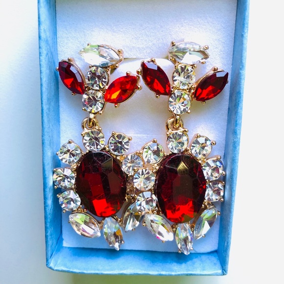 Large Rube Red Crystal White Rhinestone Teardrop Chandelier Push Back Earrings - Picture 1 of 4